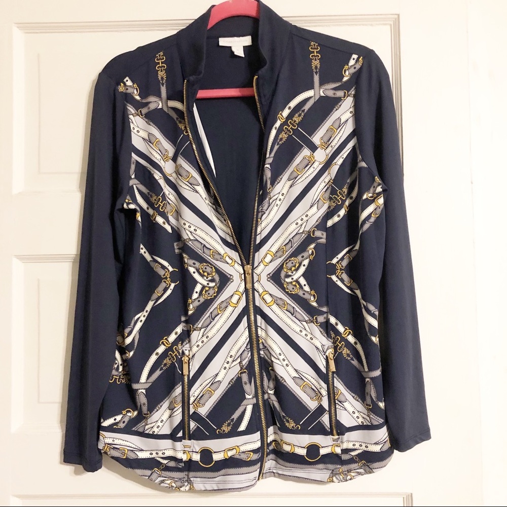 Charter Club Slate Blue Equestrian Print Zip Up PL